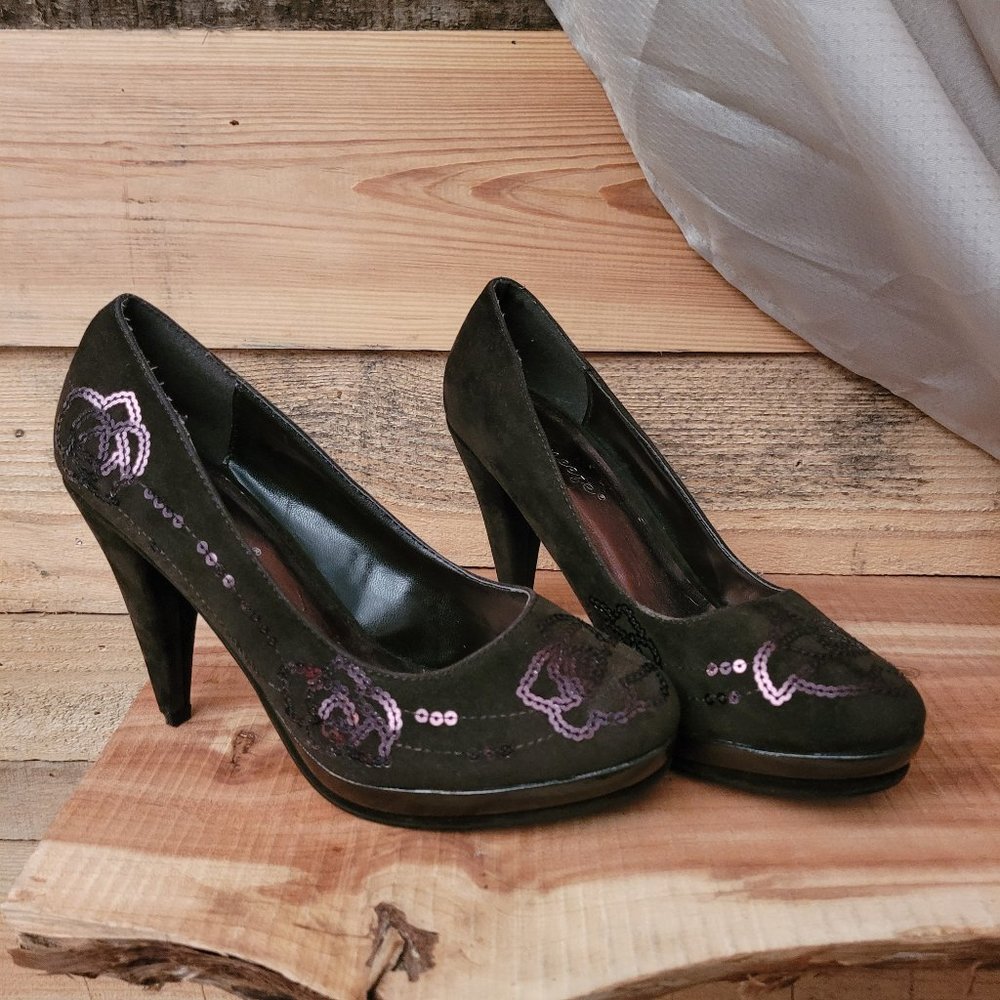 Reneeze Dark Brown Suede Leather Sequins Platform High Heel Pumps Shoe 8